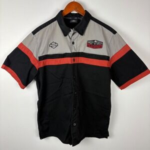 Harley Davidson Mens Work Shirt Short Sleeve Black Logo Patch Button Up L